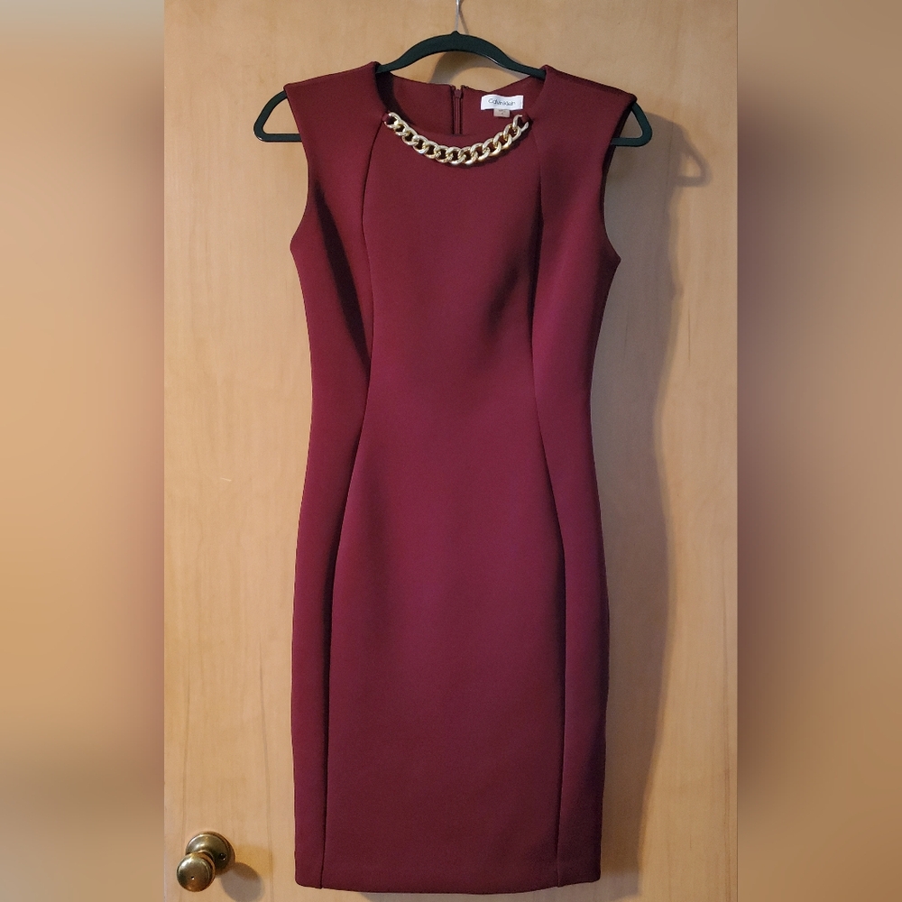 Calvin Klein Wine Sheath Dress with Gold Chain Accent Size 4